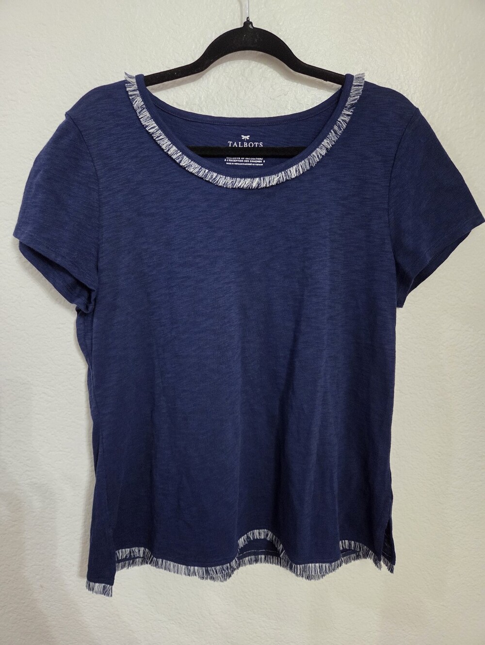 Talbots Navy Short Sleeve Top with Fringe Trim Women's Size Size Large